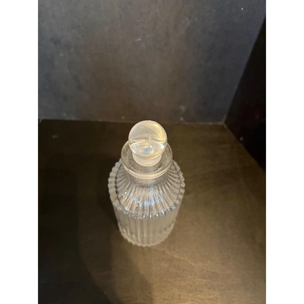 Vintage Ribbed Clear Glass Decanter with Round Ball Stopper 6.5 Inch